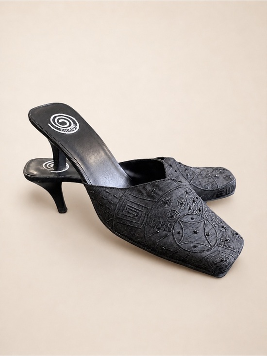 Chico's Shoes - NWT NWOB Chicos Flamenco Black Beaded Square Toe Low Kitten Heel Mules Shoes 7